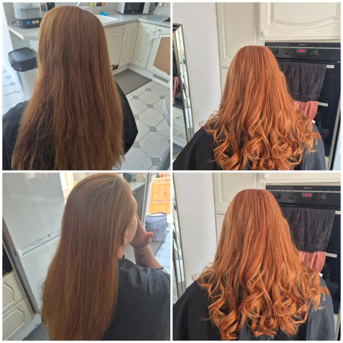 Four-view copper hair colour transformation finished with long curls by Stylez at Yours